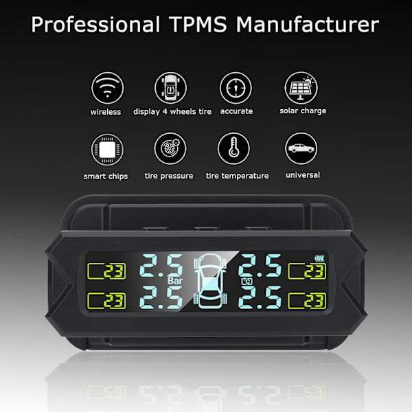Däcktrycksövervakningssystem, trådlöst solcellsladdat TPMS med 5 larm M