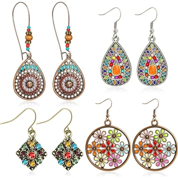 4 par Bohemian Vintage Dangle Øredobber Retro Rhinestone Øredobber