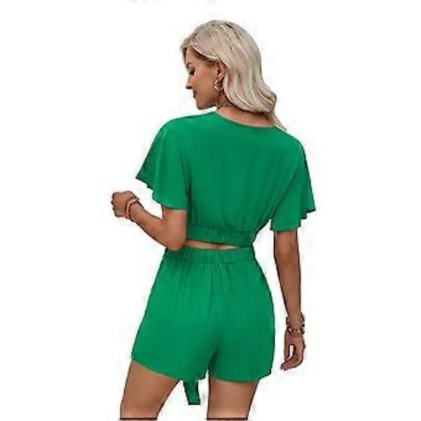 2-delt sæt til kvinder, afslappet sommer loungesæt med korte ærmer og elastiske taljeshorts, strandfestsæt (S Sort)