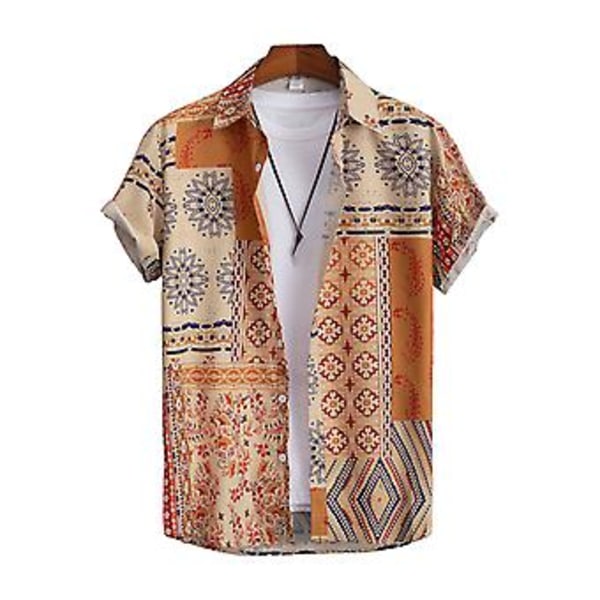 Mænds Sommer Strandskjorte Farverig Print Korte Ærmer Enkeltbrystet Cardigan Løstsiddende Midtlang Vendbar Krave Mænds Top (XL Lysegul)