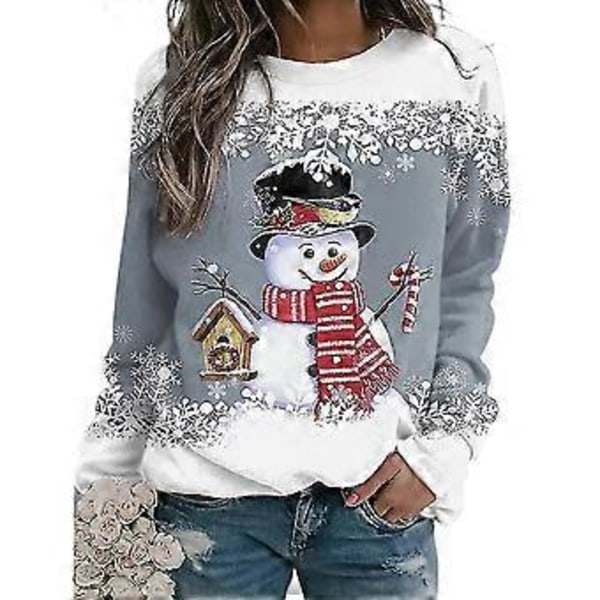 Julegenser for kvinner Snømann Snøfnugg Trykt Langermet T-skjorte Rund Hals Julegenser Topp Bluse (3XL E)