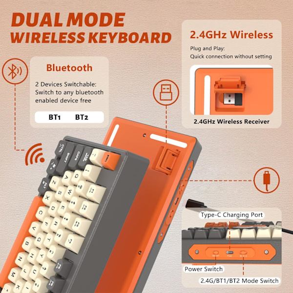 M87 80% trådløst spilltastatur, 87 TKL RGB-taster, SA PBT mekanisk følelse, Bluetooth/2,4 Ghz dobbel mo