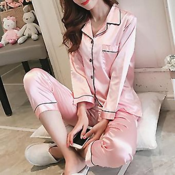 Kvinders Satin Silke Look Natskjorte Pyjamas Langærmet Natsæt (XL Pink)