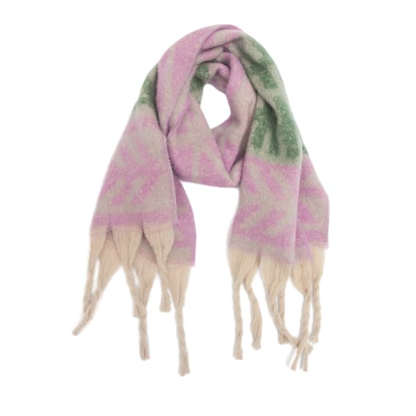 Bladsjal med pompom (lilla grøn 185x40+15x2cm)