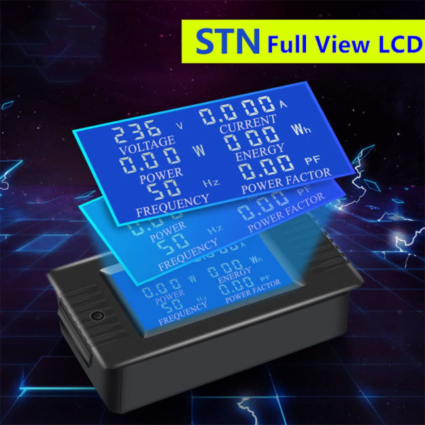 LCD Digital Amperemeter Voltmeter AC 80-260V 100A, 6-i-1 Strömmätare