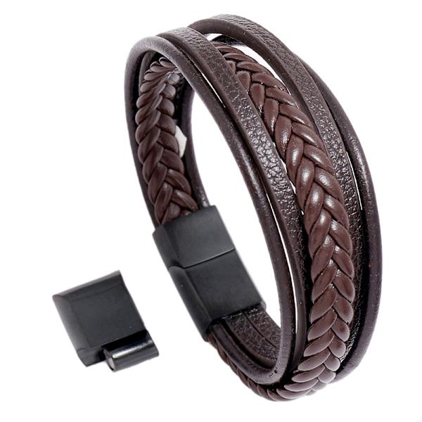 Läderarmband för män med magnetiskt spänne, ko-läder, flerskiktsarmband