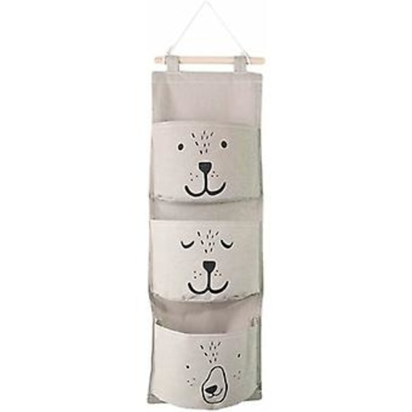 Cartoon Fabric Hanging Storage Bag Wall Hanging Organizer with 3 Pockets for Kids Room, Bedroom, Bathroom, Gray-Fei Yu