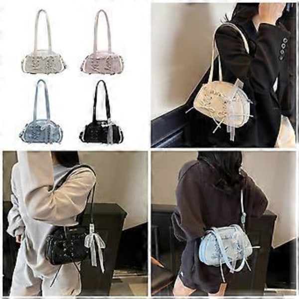 Fashionabel axelväska med spetsdetaljer och rosett, PU-läder, crossbody-väska, avslappnad underarmsväska för kvinnor, blå (blå)