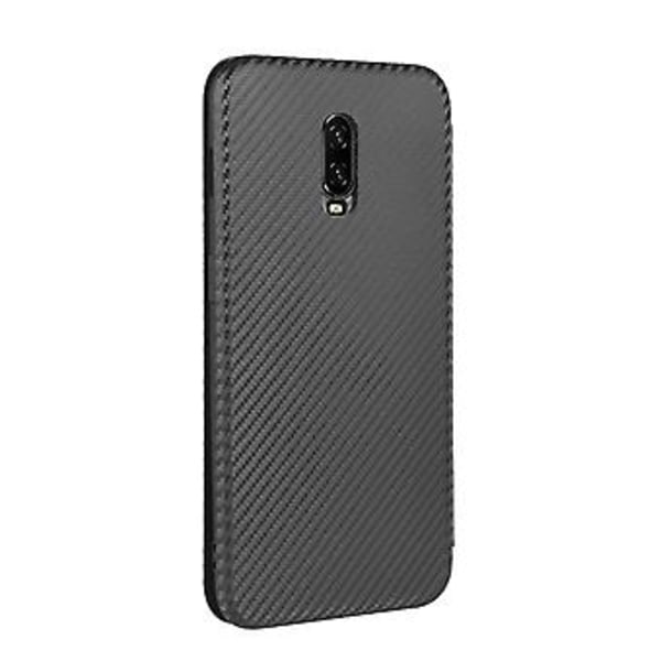 För OnePlus 6T Kolfiber Läderfodral (Svart)