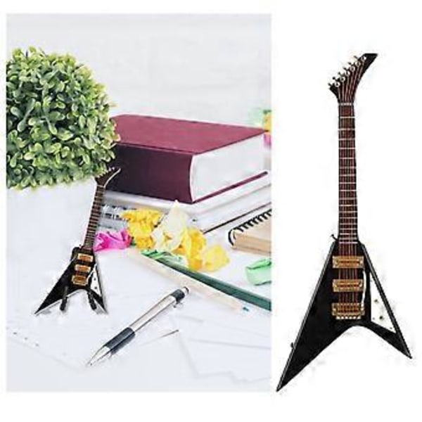 Miniatyr Elektrisk Gitarr i Trä med Ställ Svart Mini Musikinstrument Dockhusmodell Dekoration 18,5 cm