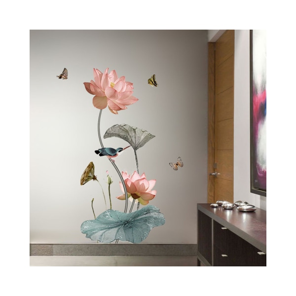 Lotus- ja kukka-aiheinen XXL-kokoinen tarra-seinämaalaus, vaaleanpunainen, sisustus