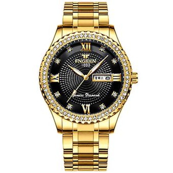 Vandtæt Guld Herre Quartz Ur Klassisk Rustfrit Stål Analog Business Mode (Sort)