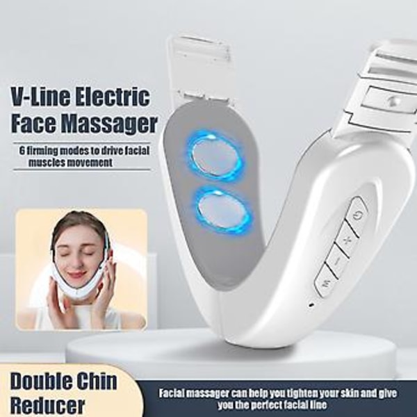 Dubbel Elektrisk V-Formande Ansiktsmassageapparat Dubbelhakreducerare Ansiktslyftmaskin Mikroström Ansiktsenhet Lyftande Utslätande, 100% Ny (A Vit)