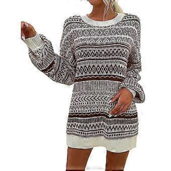 Jule Kvinder Langærmet Rund Hals Sweater Pullover Top Vinter Afslappet Løs Rund Hals Uldkjole (XXL Brun)