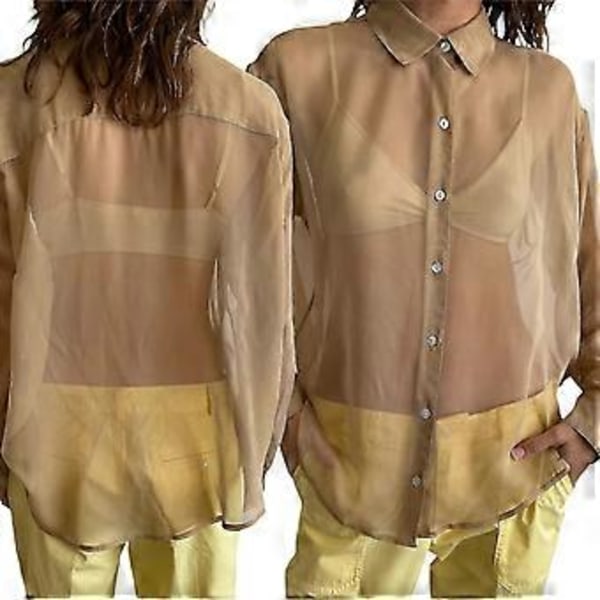 Dam Blus med Genomskinlig Lös Skjorta, Kvinnors Casual Lapel Krage Långärmad Knapp-Ner Blus (XL Khaki)