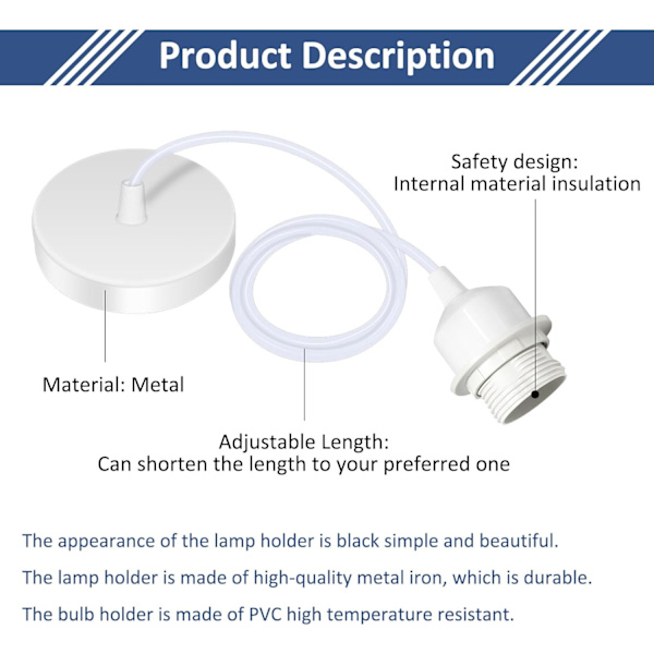Set med 2 E27-hänglampor med skruvring, justerbar kabel 100 cm, E27-hänglamphållare, kompatibel