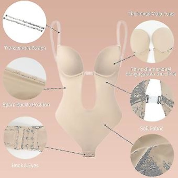 Kvinners dyp V-hals Body Shaper Strapless Ryggløs Body Shapewear (XL Beige)