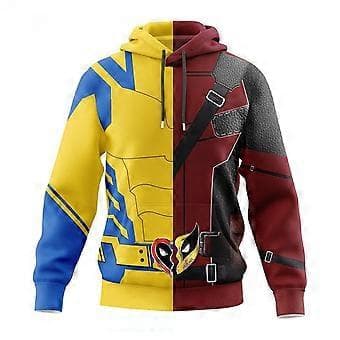 Deadpool & Wolverine 3D-printede hættetrøjer Hættetrøje til mænd Hættetrøje Pullover Halloween Cosplay Kostumer (M Rød Gul)
