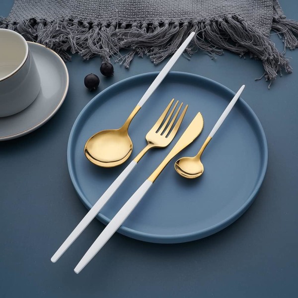 4-delad bestick i guld och vitt, bestickset med vita handtag, Whi