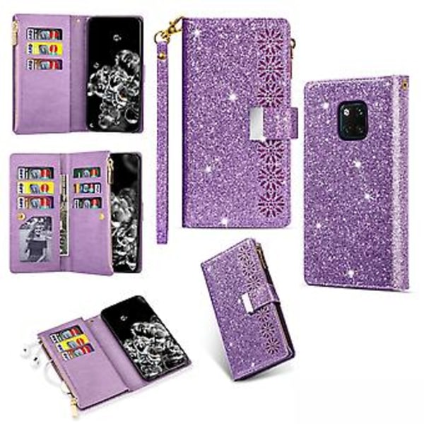 Glitter-fodral i läder med blixtlås för Huawei Mate 20 Pro (Lila)