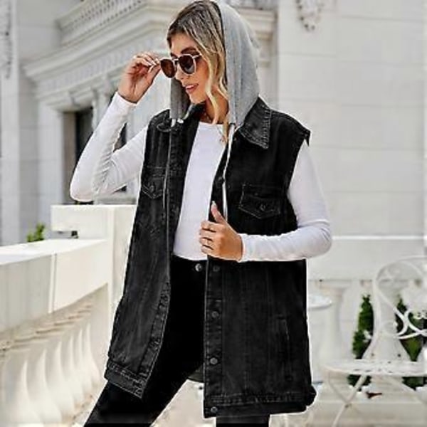 Mote Denim Vest For Kvinner Ermeløs Casual Løs Lang Jeansjakke Kåpe Street Hipster Dameklær XS-XL(S blå)