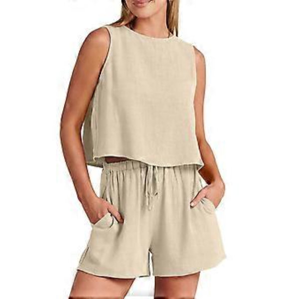 Ärmlösa blusar Hög midja Elastiska trosor Rund hals Sexiga vardagskläder Rosetter Knyta Enfärgade skjortor Set aprikos XL(XL aprikos)