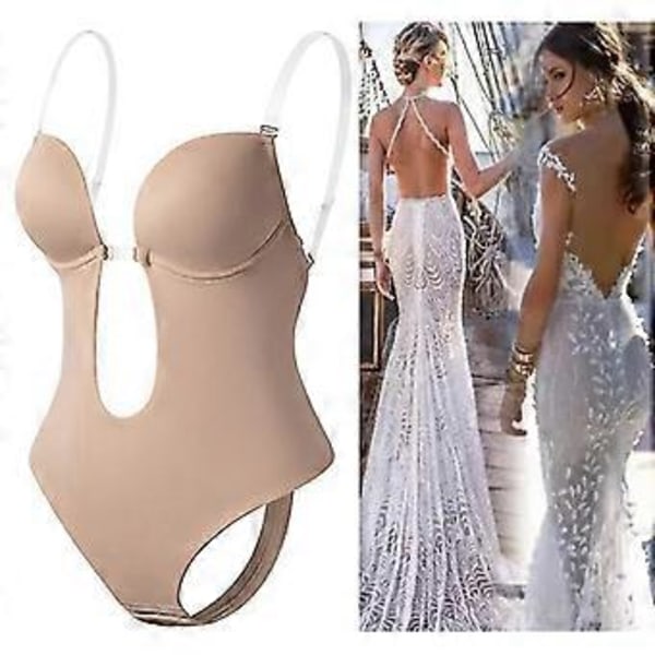Dame Invishaper-Plunge Ryggløs BH Shaper BH Bodysuits Sømløs Stringtruse Dame Dyp V-Hals Klar Stropp for Selskaper Kjoler(L Hvit)