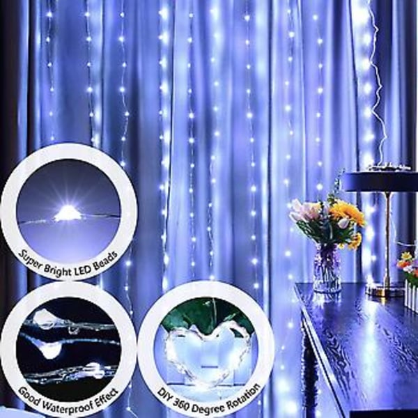 3*2m Verhojen Jouluvalot USB-LED Jouluvalot 8 Valotilalla Verhovalot Makuuhuoneen Sisä- ja Ulkokäyttöön Joulukoristeluun (Valkoinen)