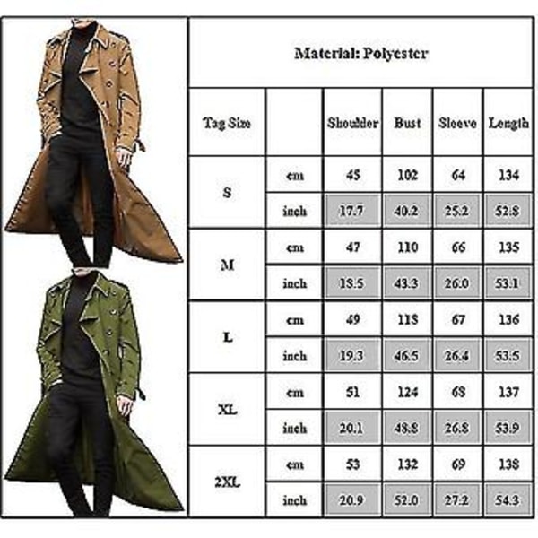 Lang Trenchcoat for menn med revers, Overfrakk, Casual Vinterjakke, Enkelt Ytterslitasje (2XL Khaki)