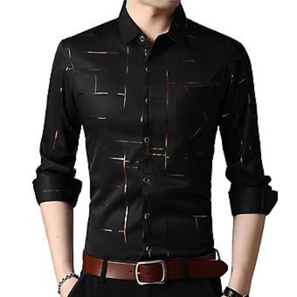 Fianao Mænd Langærmet Vendbar Krave Striber Enkeltbryst Business Skjorte Top (3XL Sort)