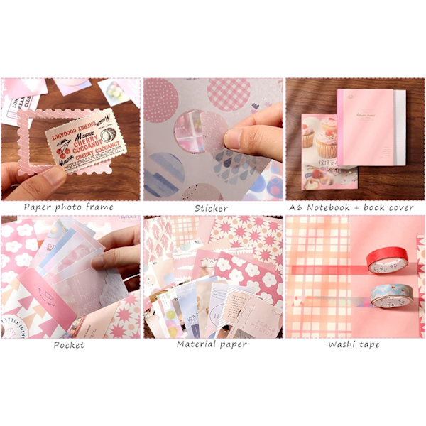 344 kappaletta Scrapbooking-tarvikesarja, vaaleanpunainen Kawaii Bullet Journal Scrapbook-sarja A6-ruudukolviholla