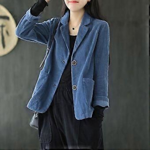 Fløjlsjakke med Revers Enfarvet Kort Frakke Dame Efterår Langærmet Lomme Kunst Retro Casual Frakke Top (L sort)