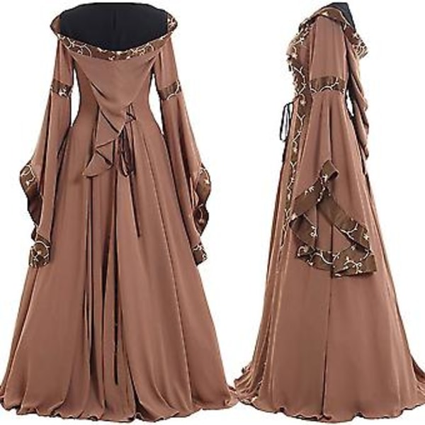 Fianao Keltisk Kvinders Snørebånd Langærmet Gulvlang Middelalderkjole Halloween Kostume (XXXXL Sort)