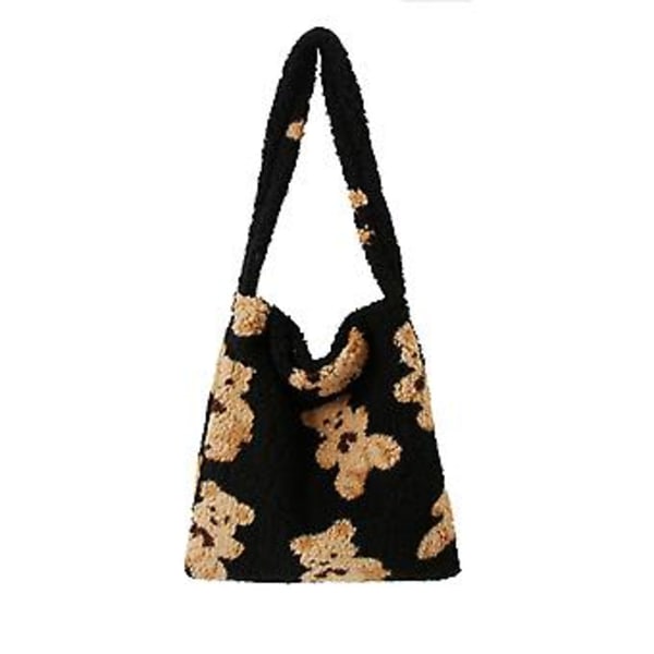 Kvinders Skuldertaske Blød Plys Clutch Taske Stor Indkøbstaske Rejsetaske (Sort)