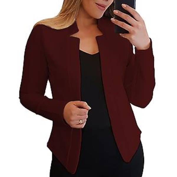Kvinnlig Blazer med Långa Ärmar, Solid Färg, Slim Fit, Kontorskläder, Spetsig Krage, Öppen Stickning, Cardigan Blazer Ytterkläder (M Vinröd)