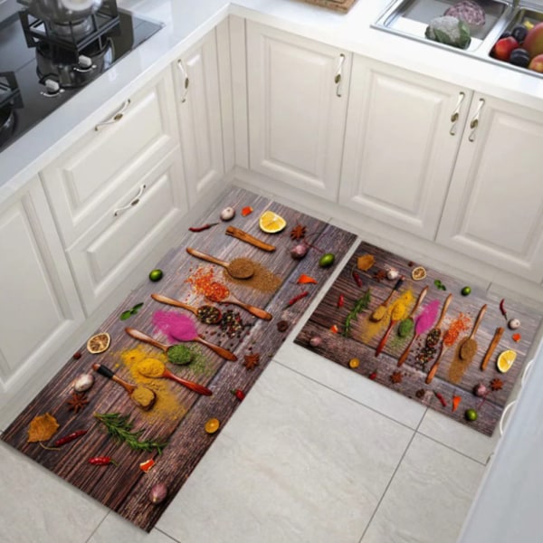 Sett med 2 tykke fargede vegetabilske sklisikre kjøkkendørmatter, dekorative absorberende vaskematter