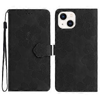 För iPhone 15 Blommor Präglat Läder Plånboksfodral Stötsäkert Telefonfodral