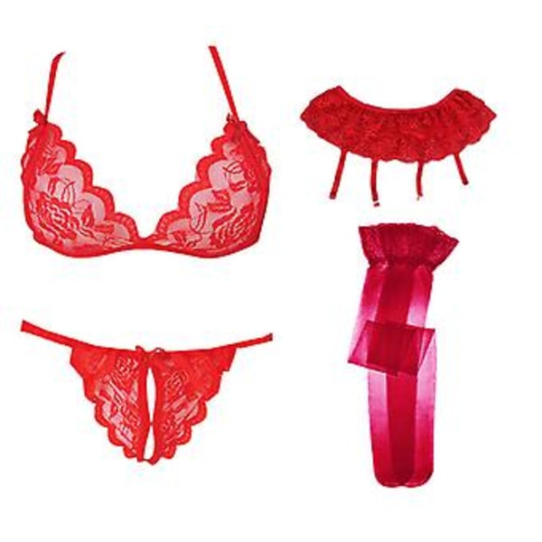Seksikäs naisten pitsinen sukkanauhavyö sukkasetti G-string alusvaatteet reisi-korkeat sukat (Punainen)