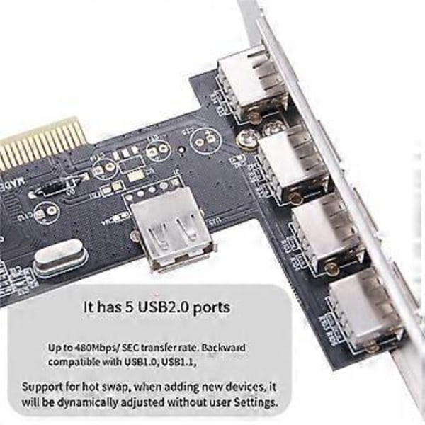 5-ports PCI til USB 2.0 PCI-utvidelseskort Adapterkort 480 Mbps Driverfri PCI-kort for stasjonær PC