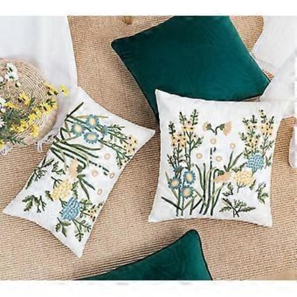 Landelig Broderte Bomullsstoff Puter Trekk Vår Blomster Broderi Putetrekk Putetrekk for Sofa Sette Soffa Seng (Blomst A, 18\"x18\")