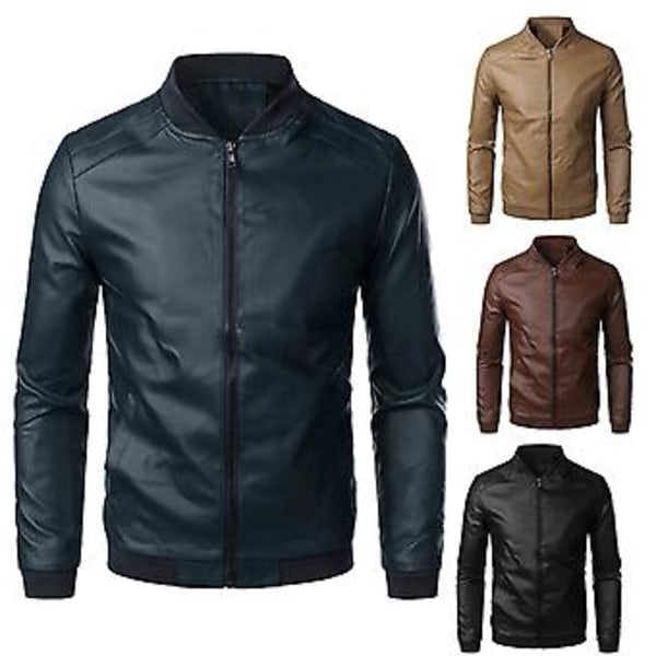 Fianao Herrejakke Slim Stående Krave Glat Kunstlæder Forårsjakke Til Daglig Brug (4XL Brun)