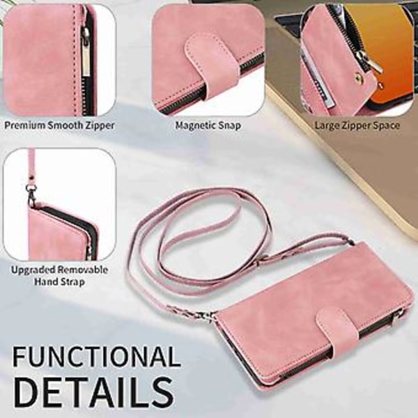 Plånboksfodral i läder med blixtlås för iPhone 15 Pro Max (Rosa)