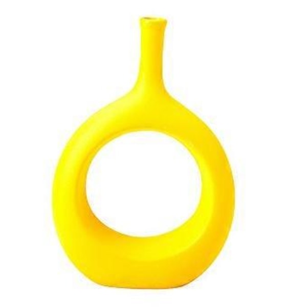 Minimalistinen keraaminen maljakko, Donitsimaljakko pyöreä maljakko kodin pöytätasolle pöytäkoristeeksi (keltainen)