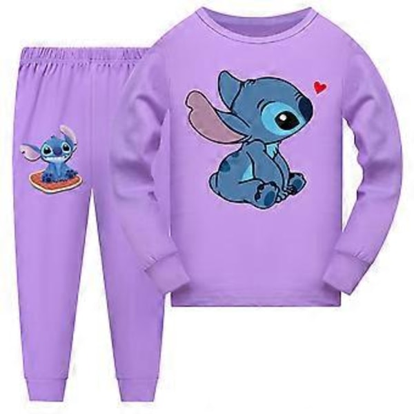 Söta Stitch-tryckta pyjamas för pojkar och flickor, långärmad topp + byxor, nattkläder (11-12 år, lila)