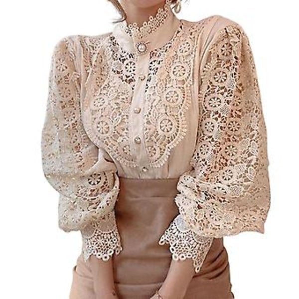 Langærmet Damebluse med Blonder, Fransk Bluser, Blomsterudskæring, Stående Krave (L Aprikos)