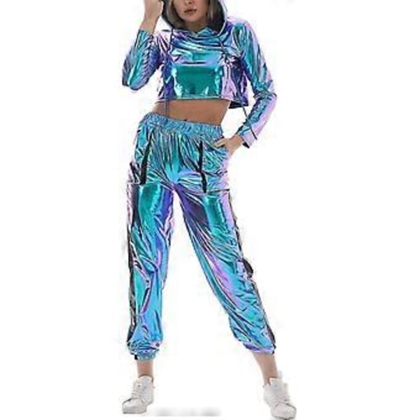 Rave-outfit för damer, glänsande crop top-hoodie, metalliska lediga långbyxor, hoodie-träningssweatshirt, discodans-klubbkläder (XX-Large Blå)