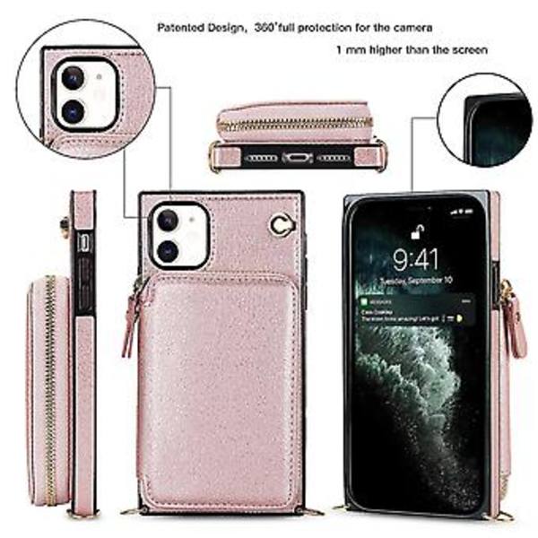 Plånboksfunktion Telefonfodral för Iphone 11 med Korthållare Axelrem Kvinna (Roséguld)