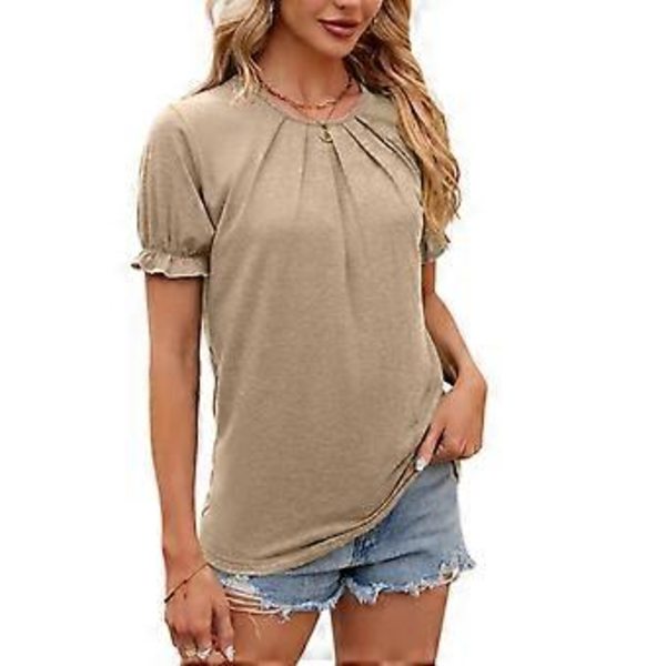 Naisten lyhythihainen rento T-paita kesäksi, laskostettu pyöreä pääntie, väljä pusero, toppi XXL Khaki(XXL Khaki)