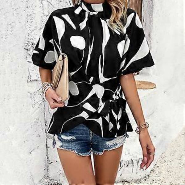 Kortærmet afslappet T-shirt til kvinder, sommer plisseret standkrave løse T-shirts bluse top L sort (L sort)