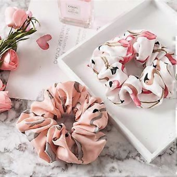 4 Stiler Elastiske Hårbånd for Kvinner, 4 stk. Hårbøyle med Flamingomønster i Chiffon Ponytail Holder